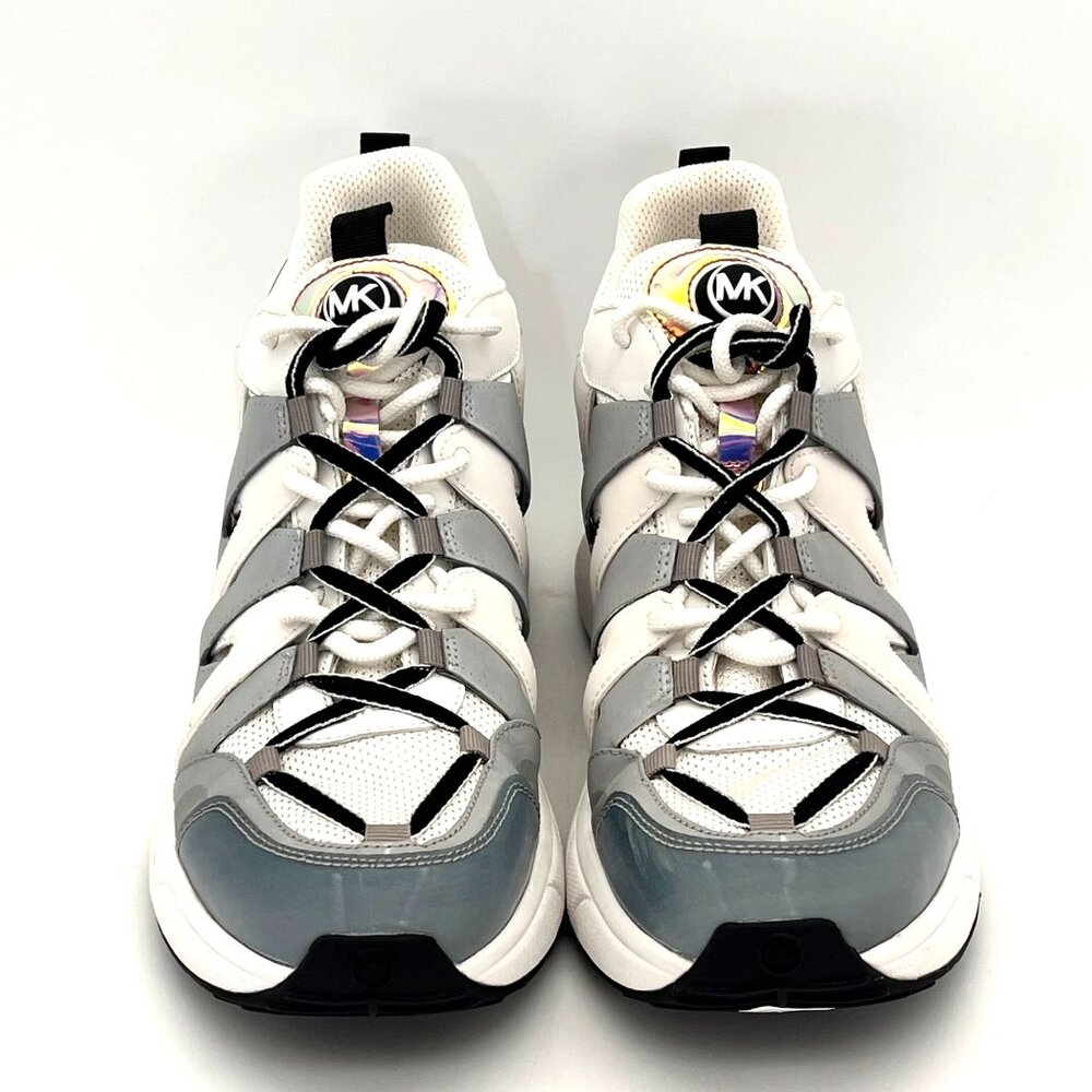 MICHAEL KORS Hero Mixed-Media Trainer Optic White Silver Sneakers Shoes 11M - Picture 2 of 16